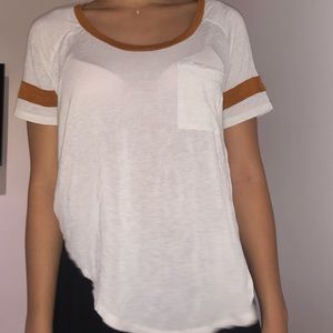 White baseball tee with rusty brown stripes